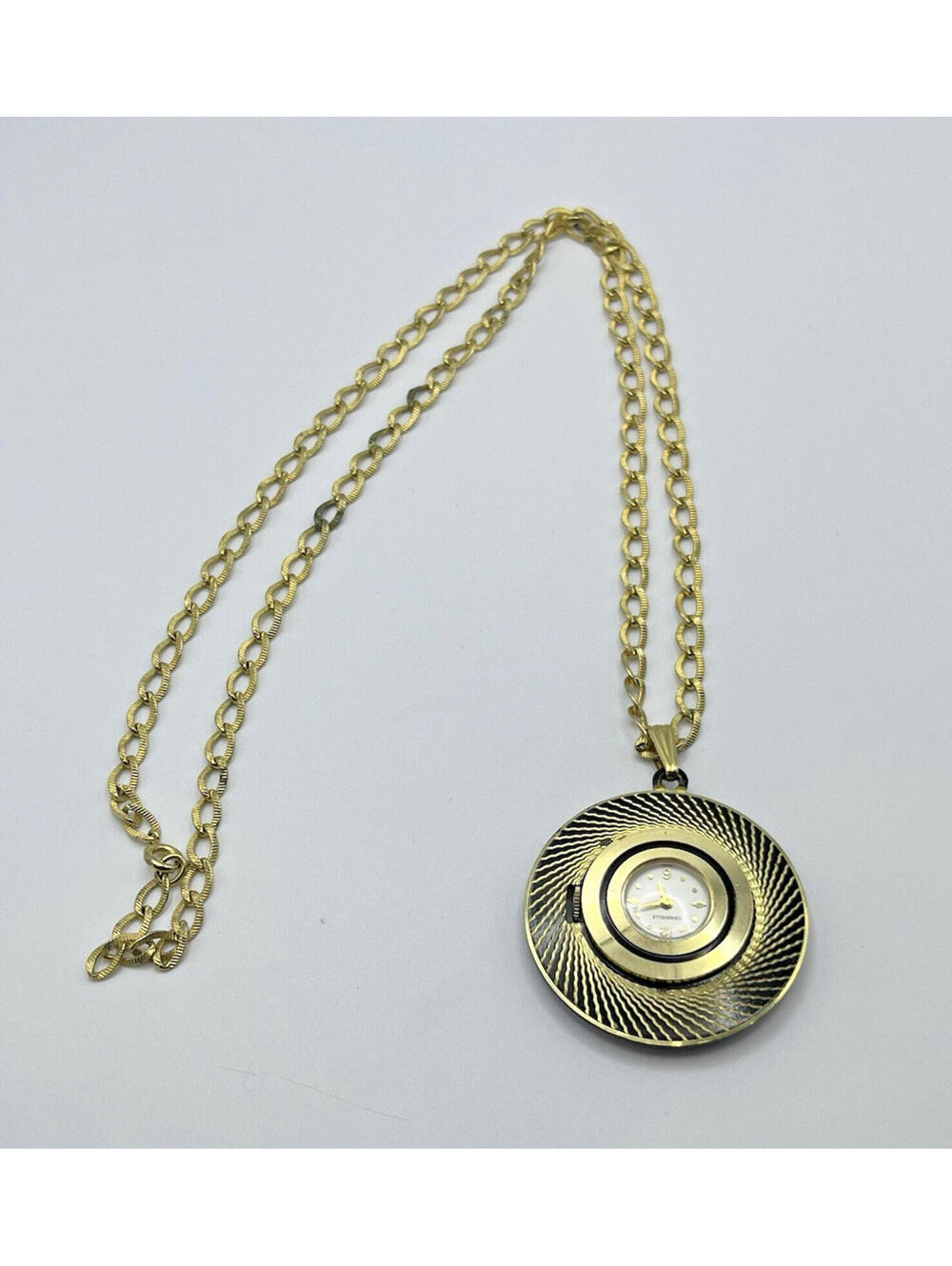 Vintage Caravelle 7 Jewel Skeleton Ball Pendant Black + Gold Watch NOT WORKING